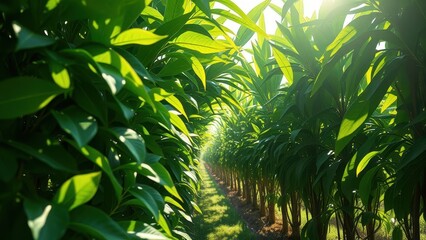 Sunlight filtering through leaves on plantation, park, growth, flora
