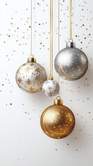 holiday golden ornaments. Gold and silver glitter Christmas bauble metal balls hang   " ai generated "	
