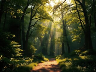 Obraz premium Sunlight shining through dense tree canopy in the woods, forest floor, tranquil, foliage, environment