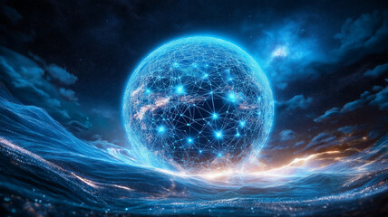 Digital globe with glowing connections over ocean waves, symbolizing technology