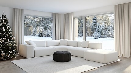 A warm living room features a plush sectional sofa with decorative pillows and a beautifully adorned Christmas tree, overlooking a snowy landscape through large windows