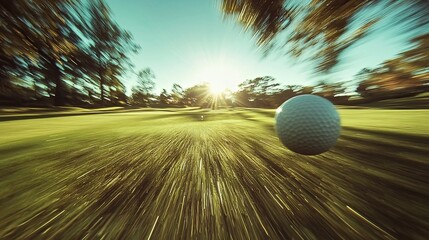 Golf Ball Speeding Across Sunny Golf Course Landscape