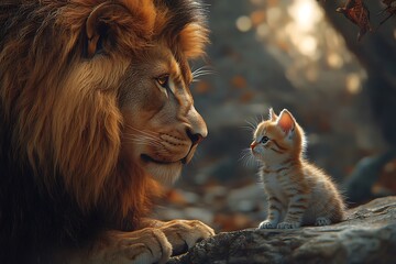 Fototapeta premium A lion gazes into a mirror, seeing a kitten reflection, symbolizing self-perception and potential. 