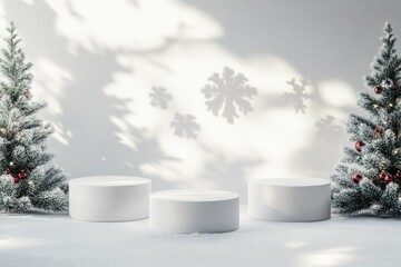 Photo of product mockup scene for the winter holidays. there should be exactly three empty podiums