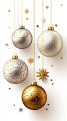 holiday golden ornaments. Gold and silver glitter Christmas bauble metal balls hang   " ai generated "	
