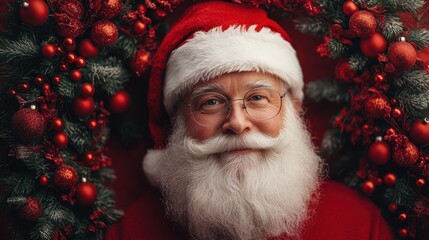 A cheerful Santa Claus portrait surrounded by vibrant holiday decor, perfect for Christmas marketing, greeting cards, or festive decorations, This image captures the spirit of the season,