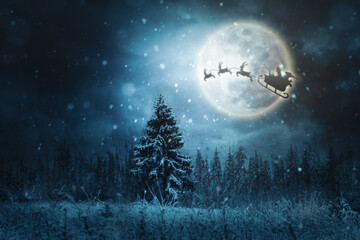 Silhouette of Santa Claus in a sleigh with reindeer against the background of a full moon.