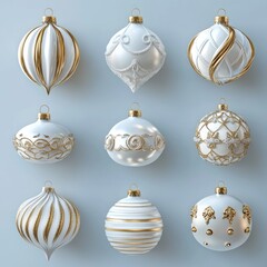 Fototapeta premium Set of white and gold realistic Christmas decorations. 3d render vector illustration 