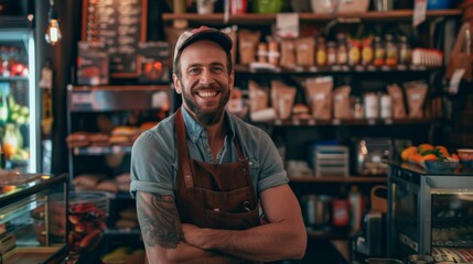 Fototapeta premium Smiling male barista in a cozy coffee shop