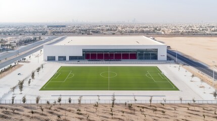 Fototapeta premium Aerial View of Modern Soccer Training Facility and Indoor Arena in Desert Landscape