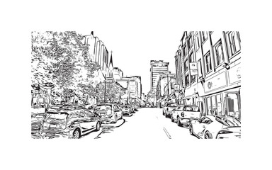 Print Building view with landmark of Vancouver is the city in Western Canada. Hand drawn sketch illustration in vector.