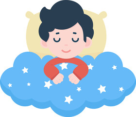 Cartoon character in bed with dark hair, yellow pillow, blue blanket with white stars, and red long-sleeve shirt.
