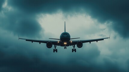 Fototapeta premium Passenger jet in turbulence over cloudy skies aerial view