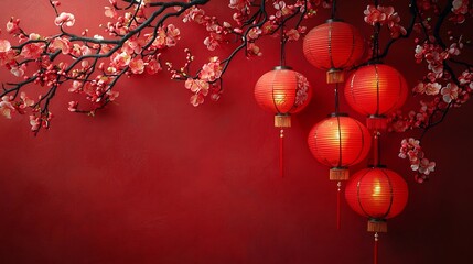 Festive Red Plum Blossoms and Lanterns for Chinese New Year