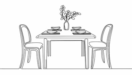 One line drawing and continue for dining table on digital art concept, Generative AI.