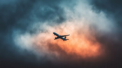 Naklejka premium Passenger jet soaring through turbulent skies at sunset nature scene