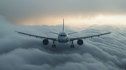 Obraz premium Passenger jet soaring through turbulent clouds above the horizon