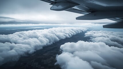 Fototapeta premium Passenger airplane encountering turbulence over cloudy landscape