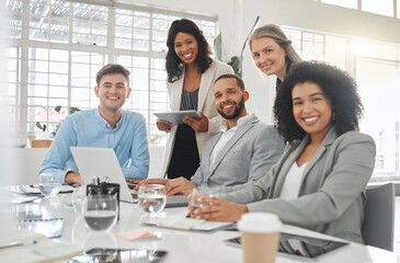 Office, business people and portrait with laptop in meeting, research and court case report for law firm. Teamwork, manager and lawyers with smile for justice update, corporate project and about us