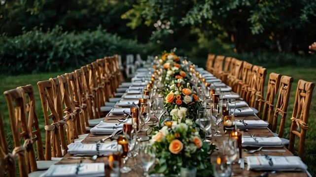 A long, formal table set with floral arrangements for an outdoor event. Wooden chairs line both sides of the table in this featured video, large table setting in the park.