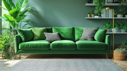 Elegant Green Sofa Surrounded by Lush Indoor Plants in a Cozy Living Space with Stylish Shelving and Modern Decor Elements
