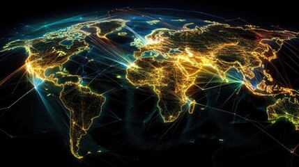Abstract Earth with neon trading paths, global network, world trade