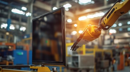 Workers assembling and inspecting large flat-screen TVs on a high-tech manufacturing line. Precision and teamwork in the production of advanced electronic devices.
