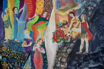 Genre painting trading consumers. Ancient Roman soldier with flower seller girl. Romantic genre painting Roman Empire. Fine art illustration. Women in fabric store.