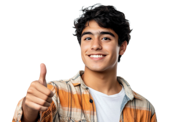 Smiling young man giving thumbs up gesture, isolated on transparent cutout background