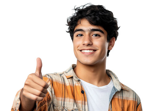 Smiling young man giving thumbs up gesture, isolated on transparent cutout background