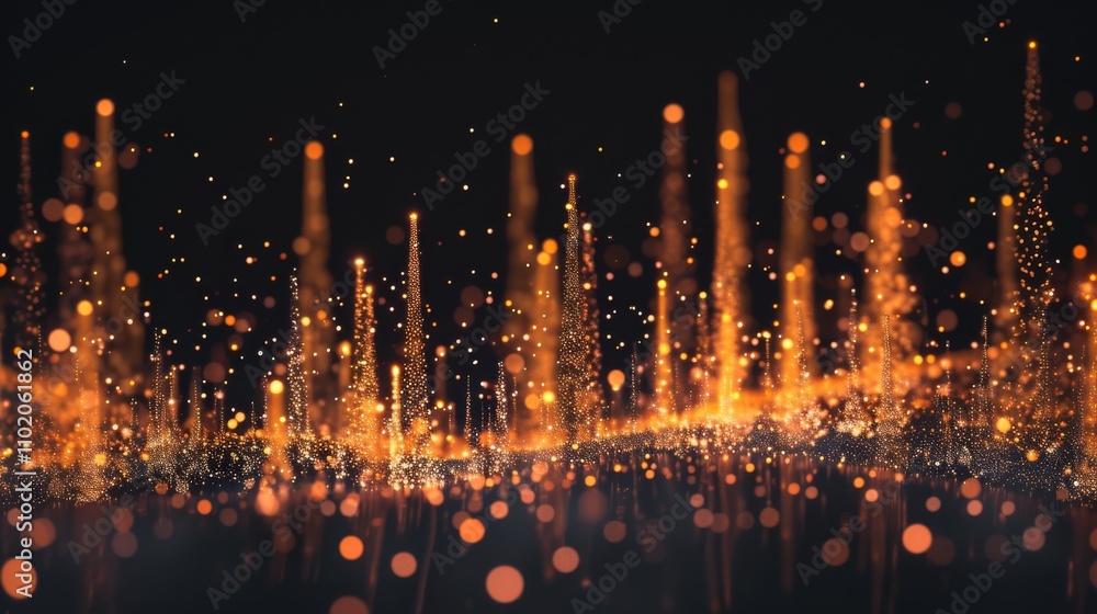 Poster abstract scene of glowing orange data bars with a rich display of sparkling particles on a dark back
