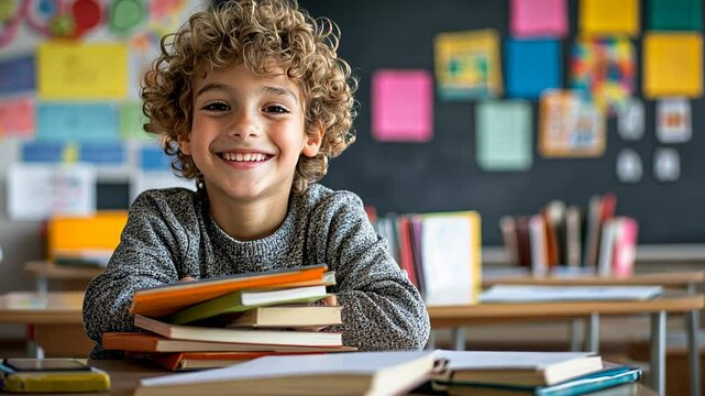 Schoolboy smiling at a desk in a classroom with books, ideal for educational projects, school materials, and content about childhood learning