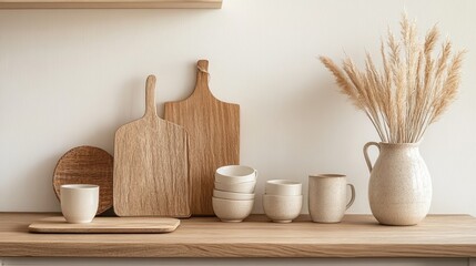 Scandinavian-inspired kitchen scene with a simple wooden cutting board, cups, and a minimal vase on the counter.