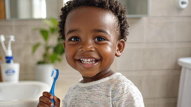 A smiling baby with curly hair, radiating joy and innocence, brushing his teeth and promoting oral care, a dental advertisement