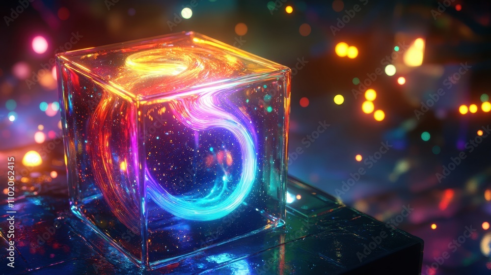 Canvas Prints vibrant cosmic energy in crystal cube on bokeh background
