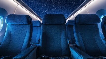 Nighttime passenger plane cabin view with starry sky and comfort