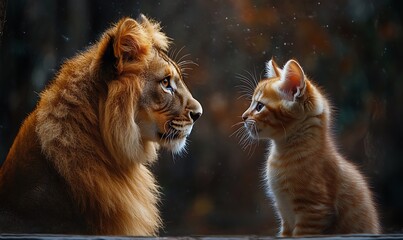 Fototapeta premium A lion gazes into a mirror, seeing a kitten reflection, symbolizing self-perception and potential. 