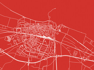 Christmas Map of Barletta, Italy in Snowy White on Festive Red Background.