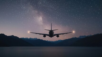 Obraz premium Passenger plane journey under starry sky night aerial view travel