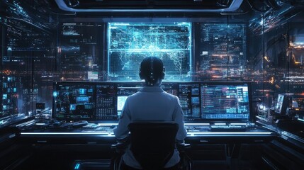 Engineer operator using AI system, back view