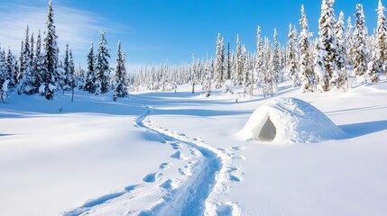 Obraz premium Snow-covered campsite with a small igloo-like shelter and traces of wildlife tracks leading into the dense Arctic forest