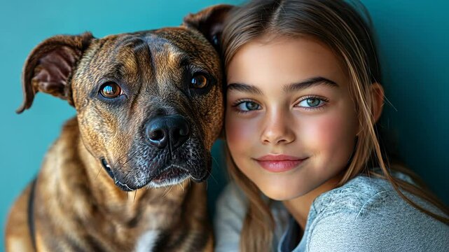 A young girl and her dog sitting closely together, capturing a heartwarming bond and mutual affection between humans and animals