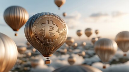 Brightly colored hot air balloons, each displaying various cryptocurrency symbols, soar high in the sky during a lively festival that attracts enthusiasts and curious onlookers