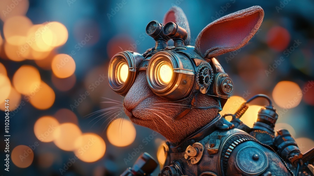 Poster steampunk-style robotic rabbit with intricate gears and aviator goggles, set against a glowing bokeh