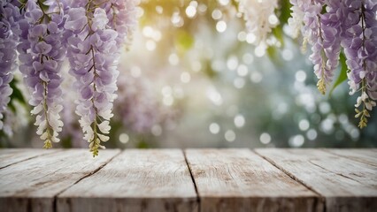 Purple wisteria flowers border with rustic old wood mockup surface and flower garden bokeh background
