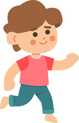 Child with brown hair in red shirt and blue pants, in walking motion with cheerful expression.
