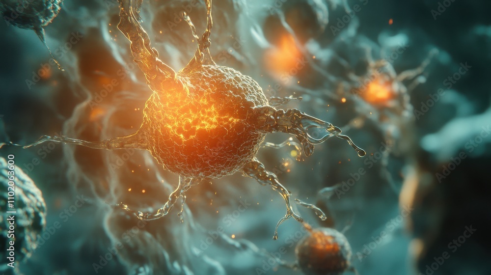 Poster stem cells in motion under a microscope, surrounded by glowing energy fields symbolizing regeneratio