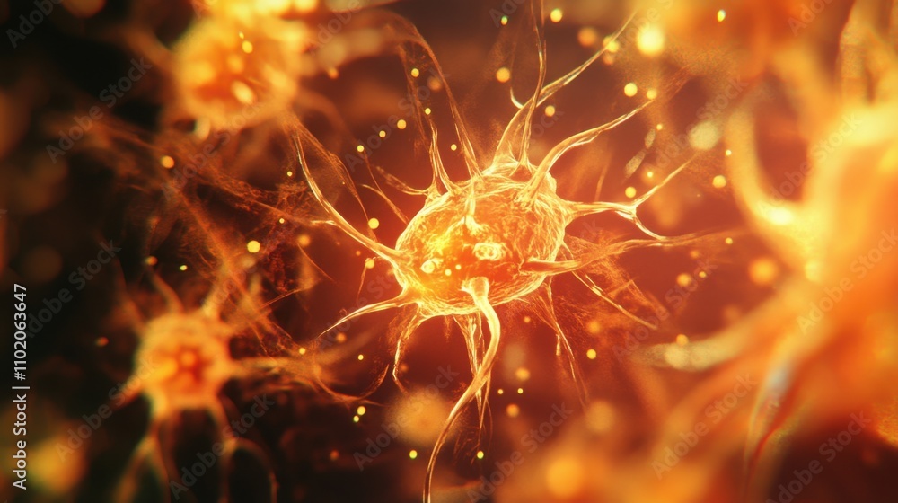 Poster stem cells in motion under a microscope, surrounded by glowing energy fields symbolizing regeneratio