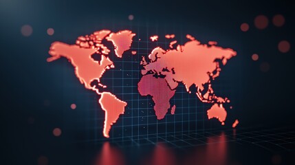 Fototapeta premium A digital map of the world highlighted in red, set against a dark background, showcasing a modern and technological design.