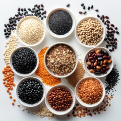 A cup in the middle surrounded by brown rice, black sesame, oat bran, oat flakes, black glutinous rice, black beans, red beans, mung beans, soybeans, cowpeas, wheat, on a white background. top view.